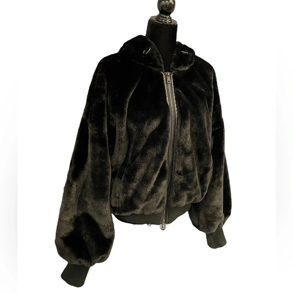 RAMY BROOK Black Onyx Hooded Faux Fur Coat Large - Picture 4 of 10